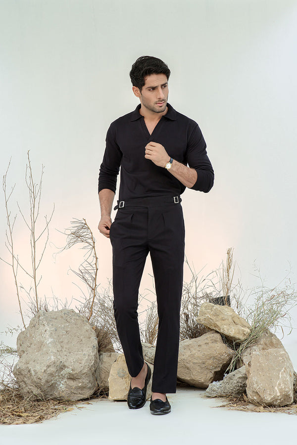 Black Full Sleeves Open Collar Structured Polo Shirt