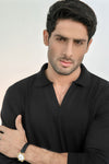 Black Full Sleeves Open Collar Structured Polo Shirt