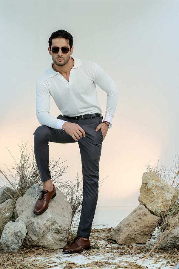 White Full Sleeves Open Collar Structured Polo Shirt