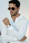 White Full Sleeves Open Collar Structured Polo Shirt