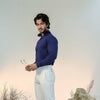 Navy Blue Full Sleeves Open Collar Structured Polo Shirt