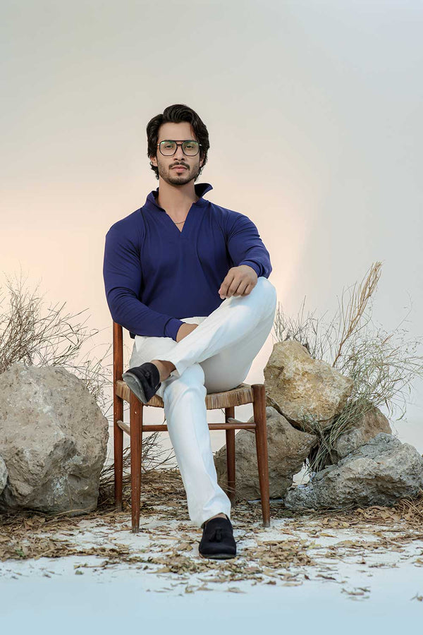 Navy Blue Full Sleeves Open Collar Structured Polo Shirt