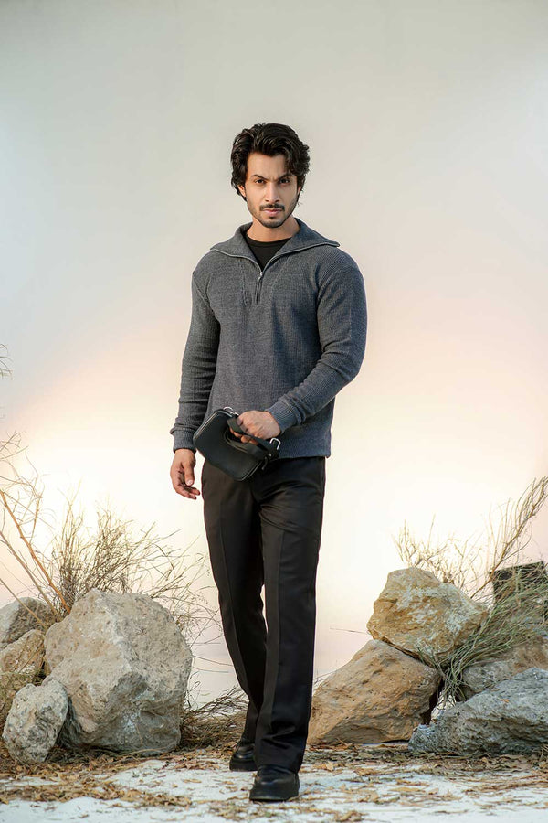 Charcoal Fisherman Knit Zip Neck Jumper