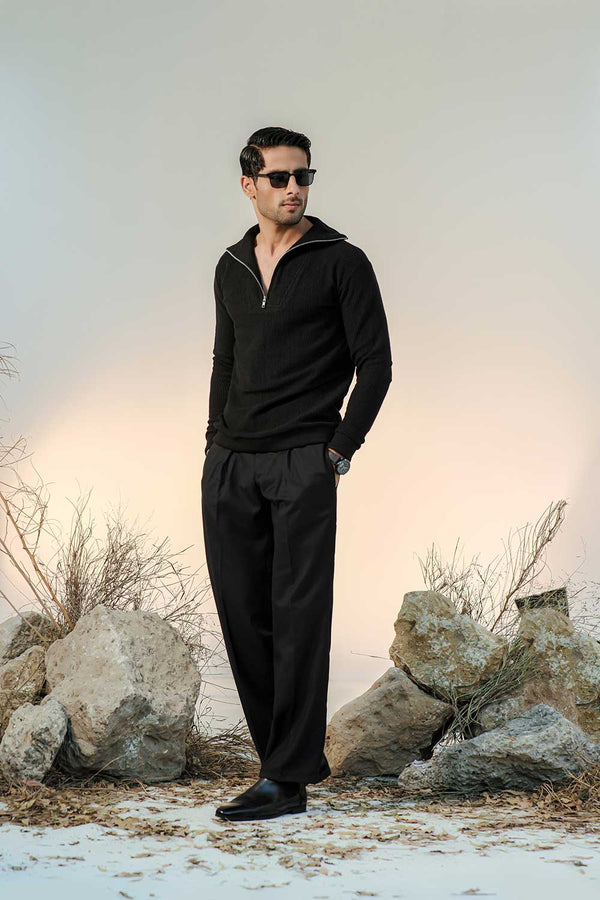 Black Fisherman Knit Zip Neck Jumper
