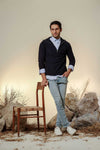 Navy Blue Fisherman Knit Zip Neck Jumper