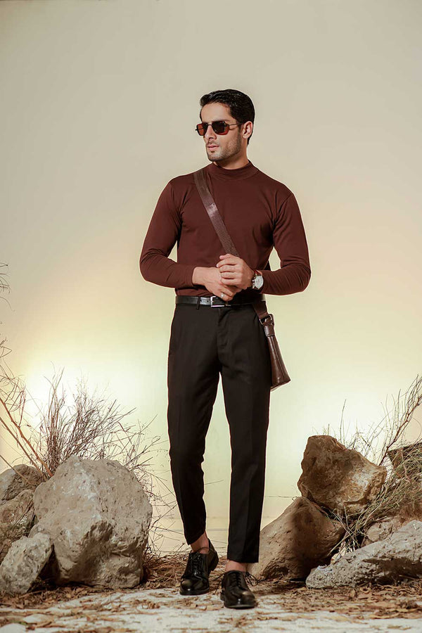 Brown Full Sleeves Mock Neck