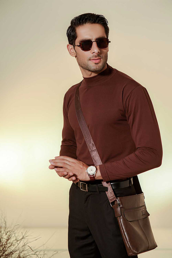 Brown Full Sleeves Mock Neck