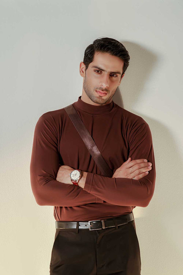 Brown Full Sleeves Mock Neck