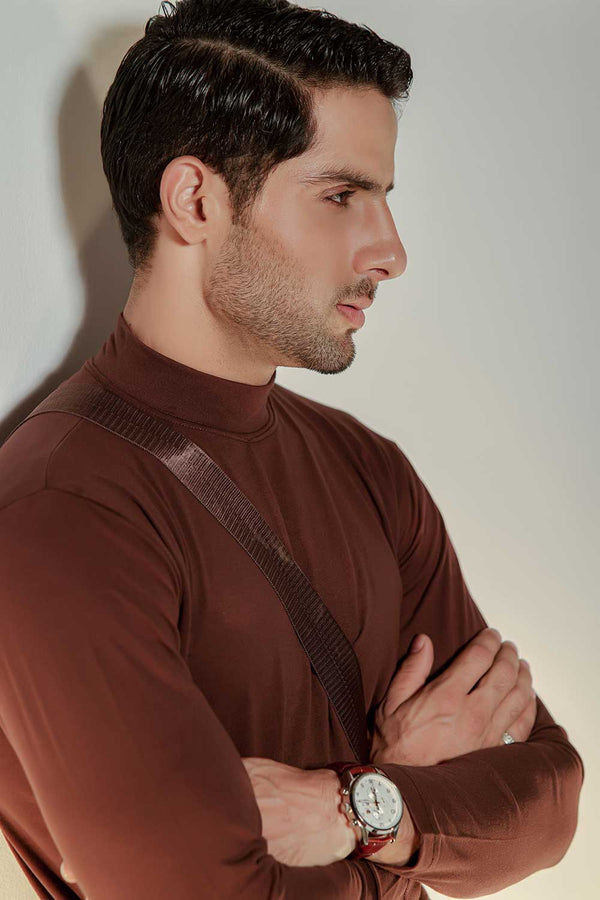 Brown Full Sleeves Mock Neck