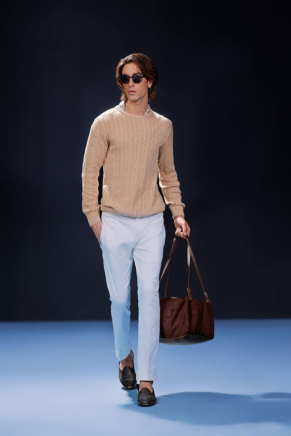 Beige Crew Neck Cable Knit Sweater