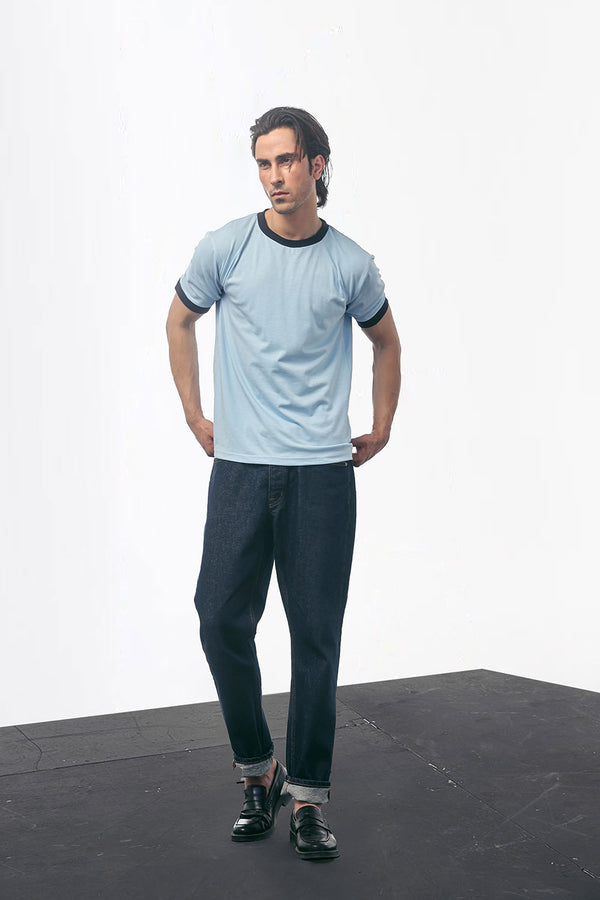 Light Blue Basic Contrast Rib T-Shirt