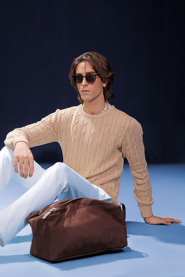 Beige Crew Neck Cable Knit Sweater