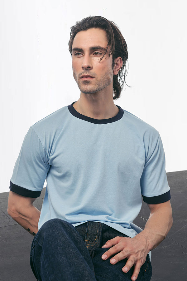 Light Blue Basic Contrast Rib T-Shirt