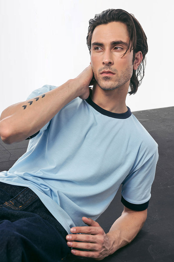 Light Blue Basic Contrast Rib T-Shirt