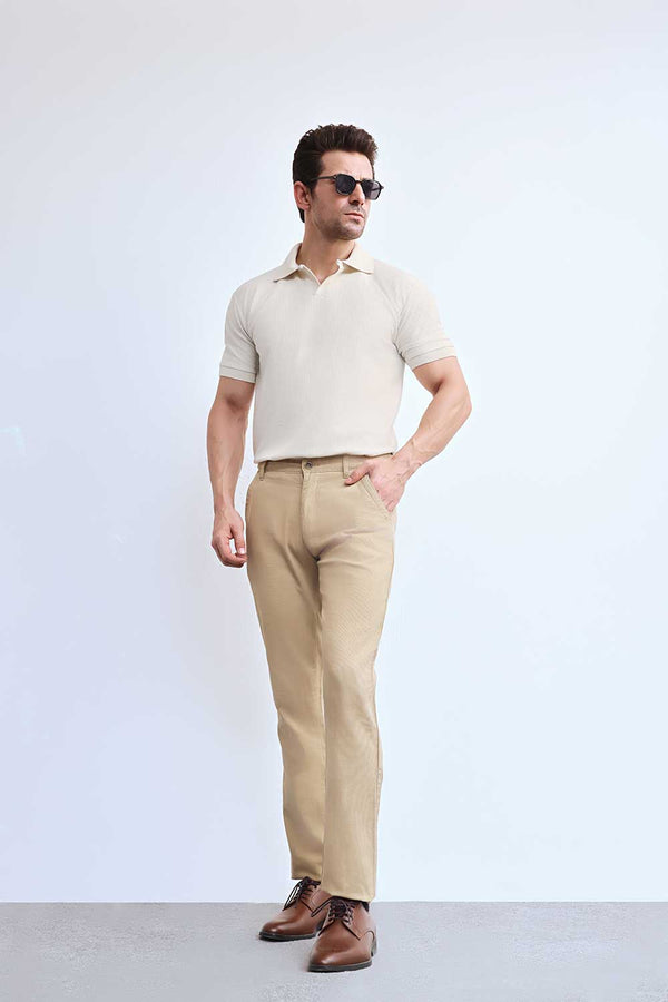 Cream Plisse Johnny Collar Polo