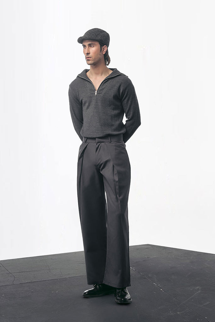 Charcoal Ultra Cross Pleated Wide Leg Trousers | ZED