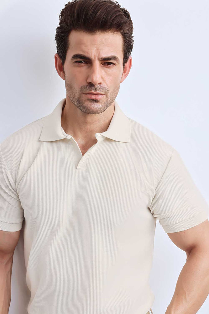 Cream Plisse Johnny Collar Polo
