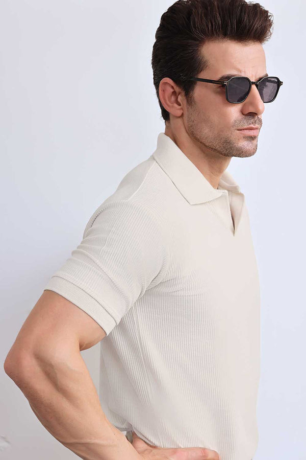 Cream Plisse Johnny Collar Polo