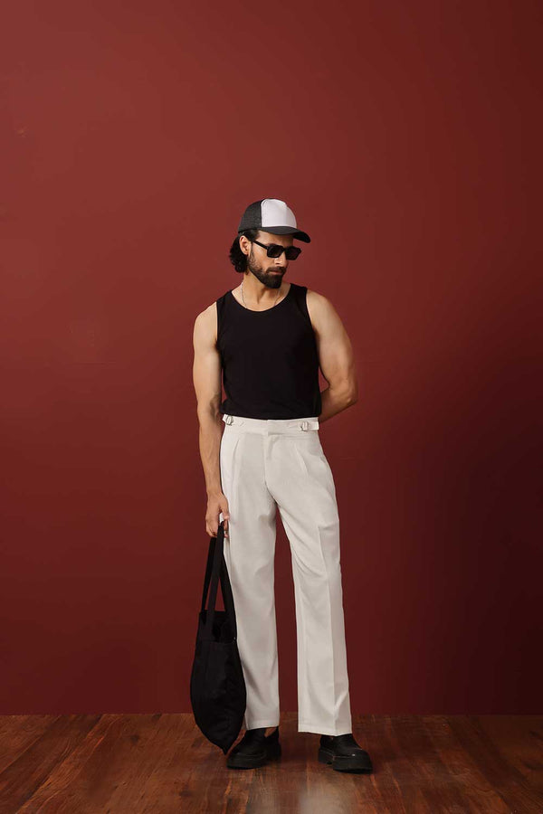 White Front Single Pleated Wide Leg Trouser