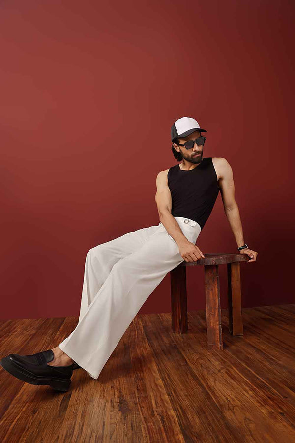 White Front Single Pleated Wide Leg Trouser