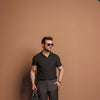 Black Plisse Johnny Collar Polo
