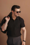 Black Plisse Johnny Collar Polo