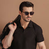 Black Plisse Johnny Collar Polo