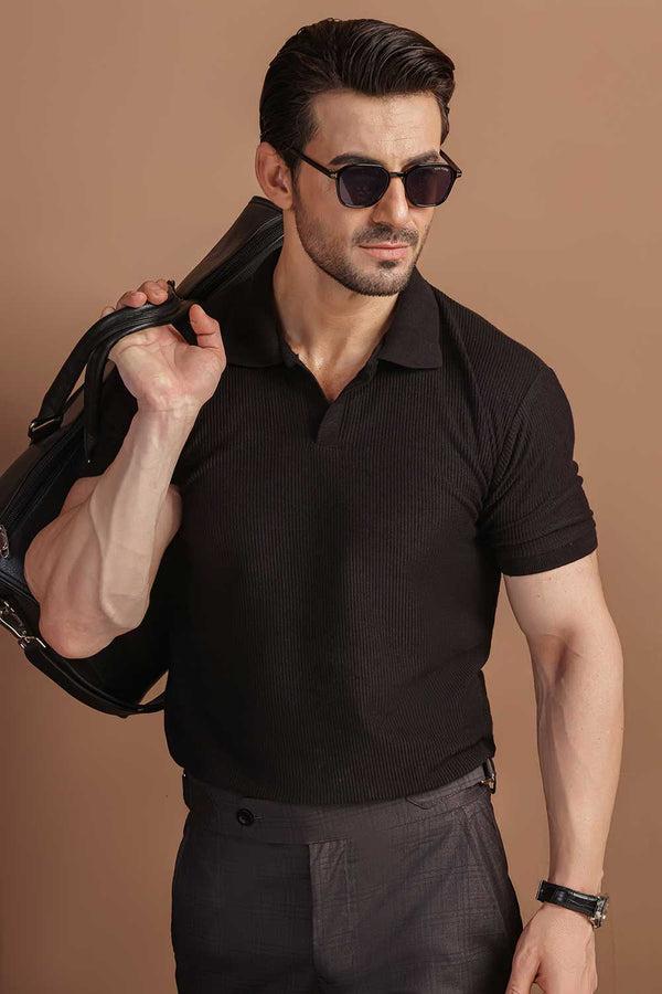 Black Plisse Johnny Collar Polo
