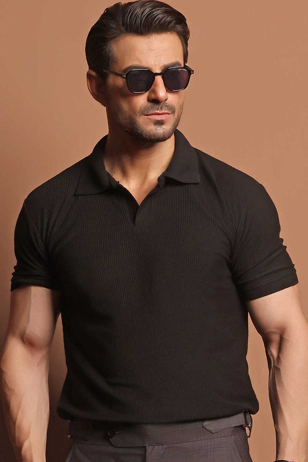 Black Plisse Johnny Collar Polo
