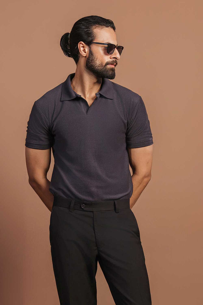 Dark Grey Plisse Johnny Collar Polo