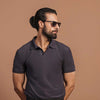 Dark Grey Plisse Johnny Collar Polo