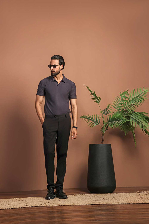Dark Grey Plisse Johnny Collar Polo