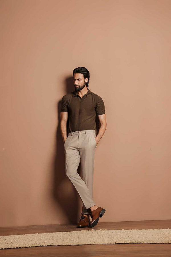 Khaki Green Plisse Johnny Collar Polo