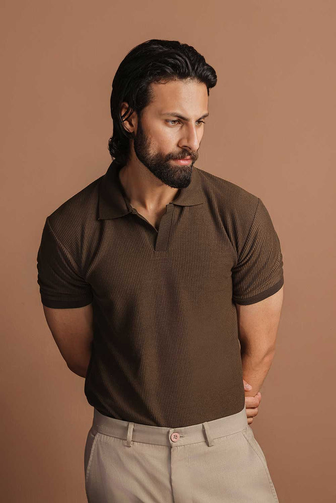 Khaki Green Plisse Johnny Collar Polo