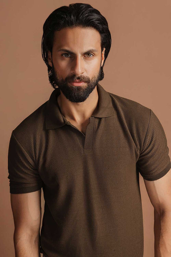 Khaki Green Plisse Johnny Collar Polo
