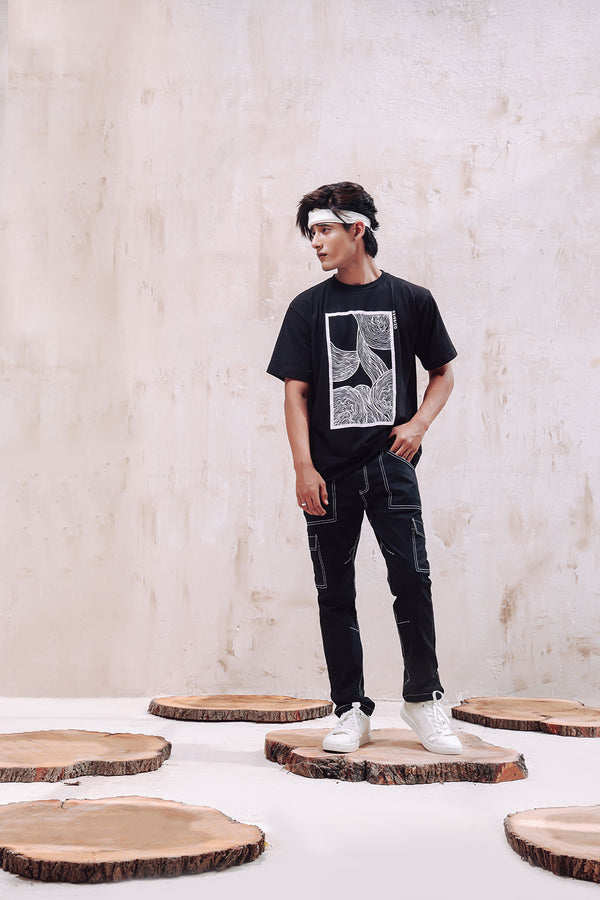 Black Abstract Printed Oversized T-Shirt