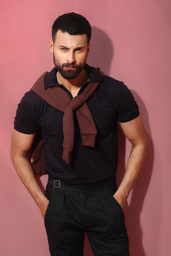 Black Open Collar Structured Pique Polo Shirt