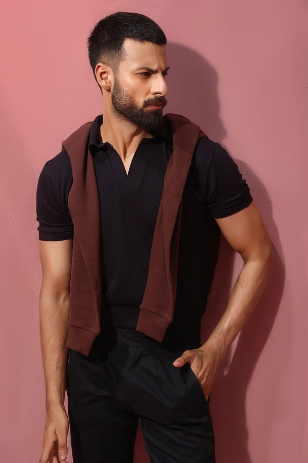 Black Open Collar Structured Pique Polo Shirt