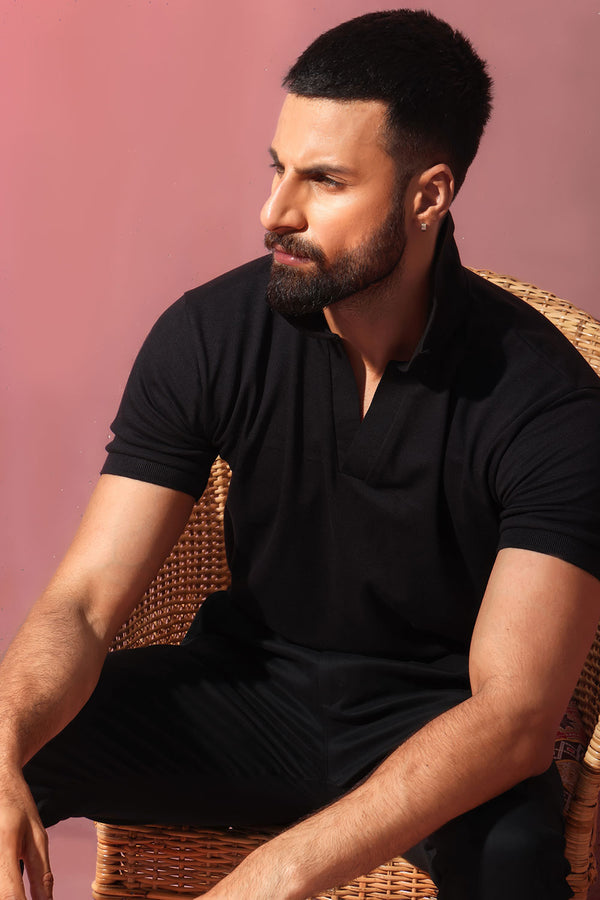 Black Open Collar Structured Pique Polo Shirt