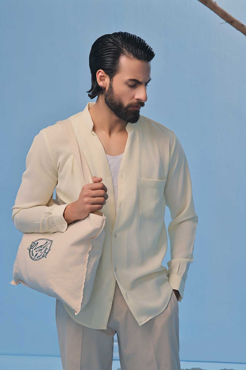Cream Seersucker Open V-Neck Collared Shirt