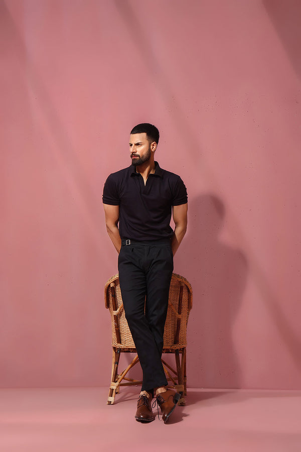 Black Open Collar Structured Pique Polo Shirt