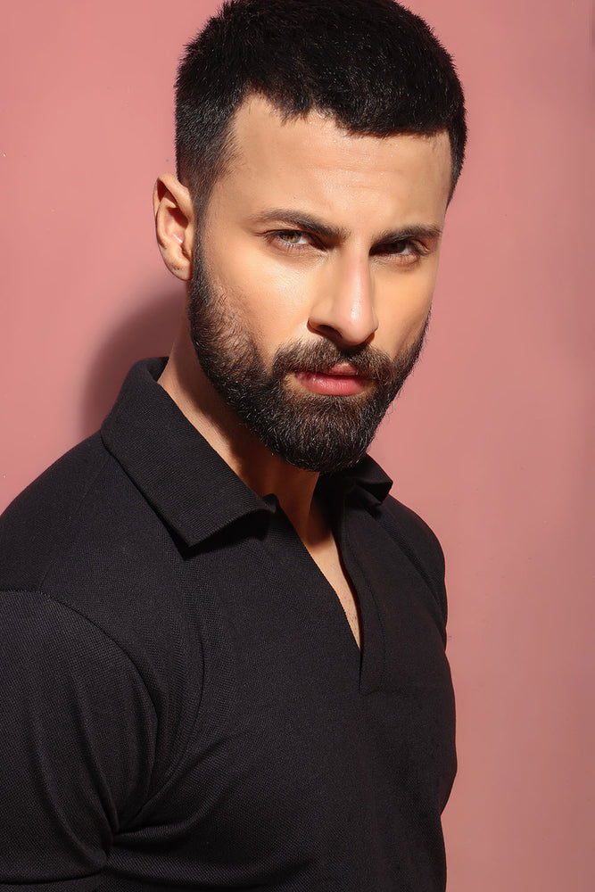 Black Open Collar Structured Pique Polo Shirt