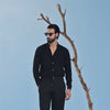Black Seersucker Open V-Neck Collared Shirt