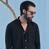 Black Seersucker Open V-Neck Collared Shirt