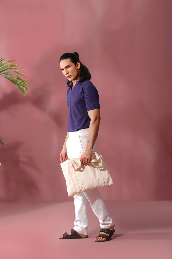 Navy Blue Open Collar Structured Pique Polo Shirt