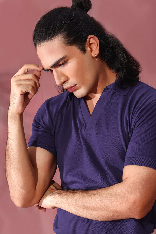 Navy Blue Open Collar Structured Pique Polo Shirt