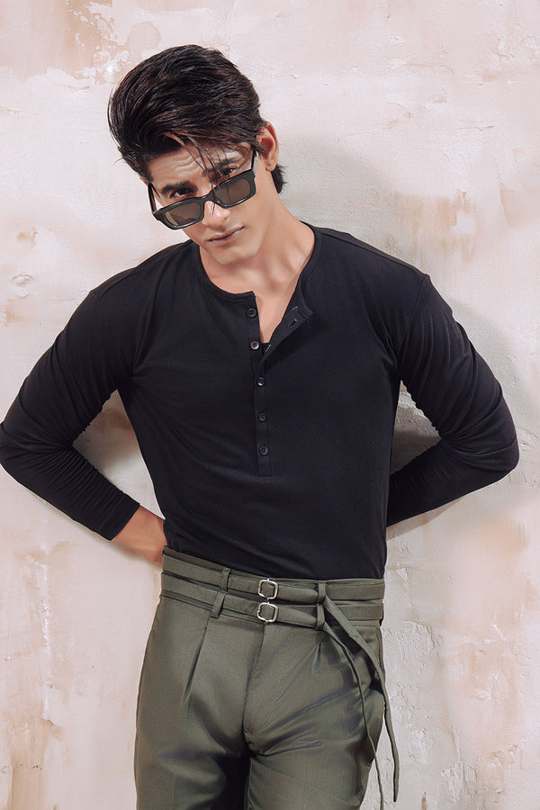 Dark Green Double Belted Pleated Trousers