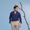 Imperial Blue Seersucker Open V-Neck Collared Shirt