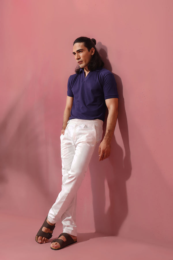 Navy Blue Open Collar Structured Pique Polo Shirt