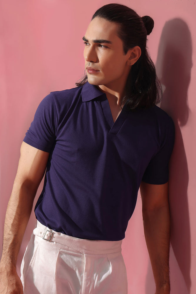 Navy Blue Open Collar Structured Pique Polo Shirt